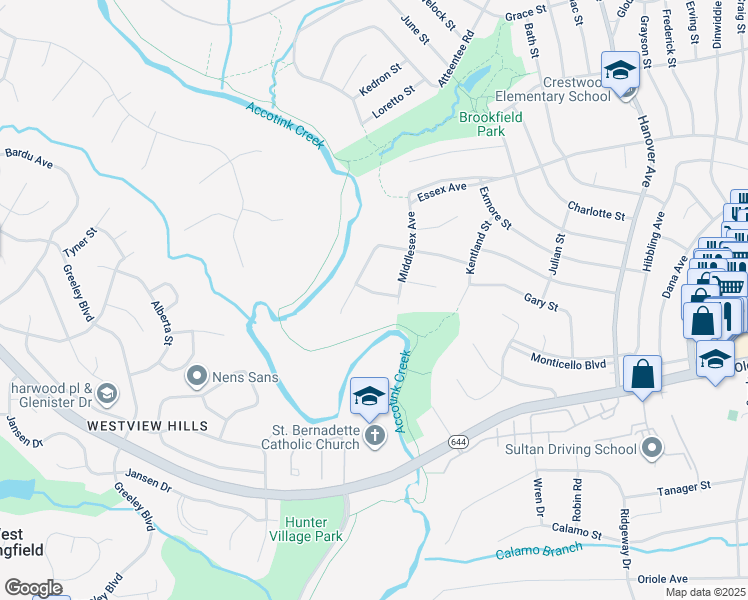 map of restaurants, bars, coffee shops, grocery stores, and more near 7604 Lauralin Place in Springfield