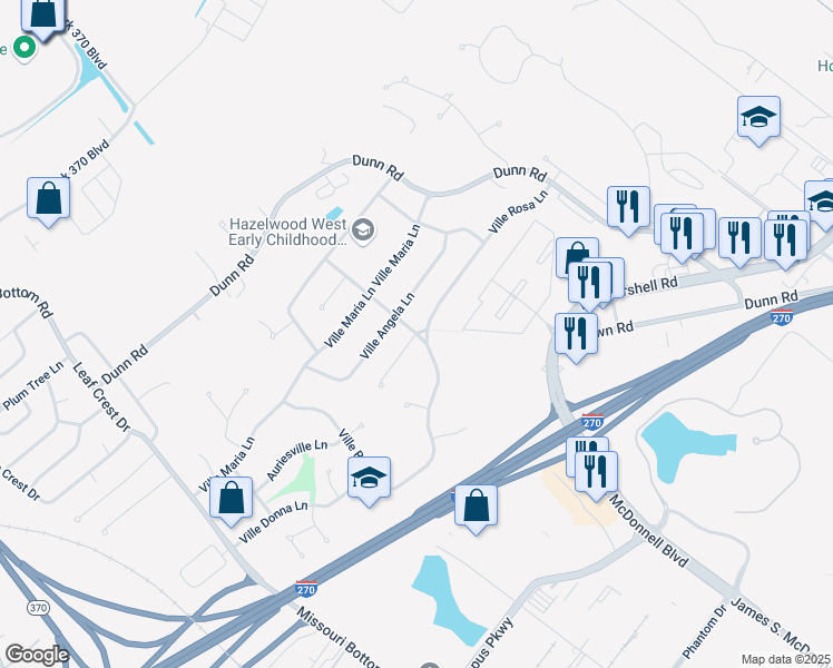 map of restaurants, bars, coffee shops, grocery stores, and more near Ville Anita Court in Hazelwood