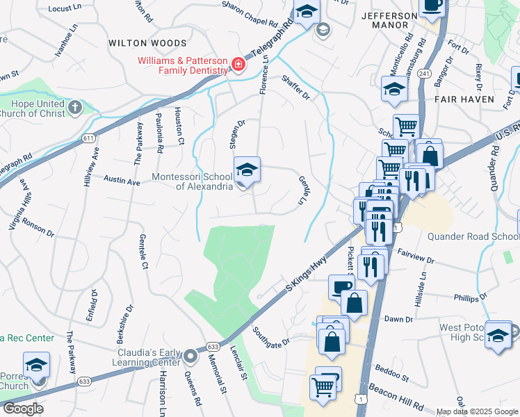 map of restaurants, bars, coffee shops, grocery stores, and more near 6260 Gentle Lane in Alexandria