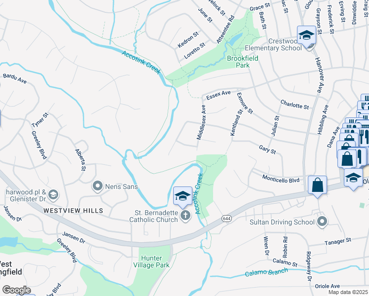 map of restaurants, bars, coffee shops, grocery stores, and more near 7604 Lauralin Place in Springfield