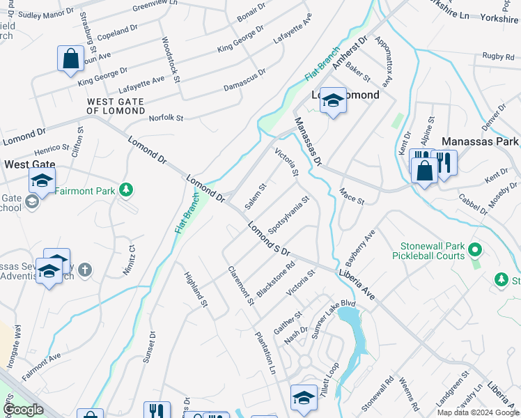 map of restaurants, bars, coffee shops, grocery stores, and more near 9420 Westmoreland Avenue in Manassas