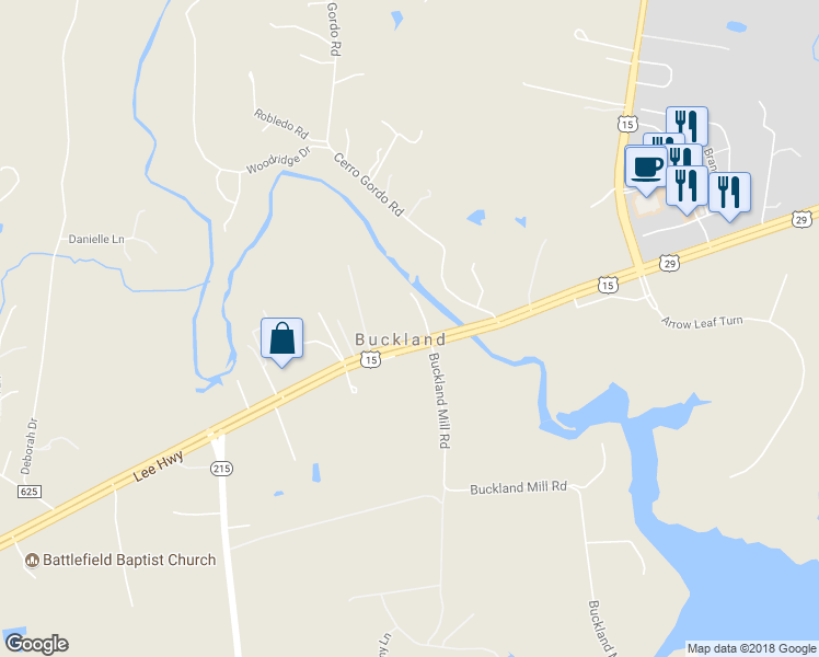 map of restaurants, bars, coffee shops, grocery stores, and more near 16206 Lee Highway in Gainesville