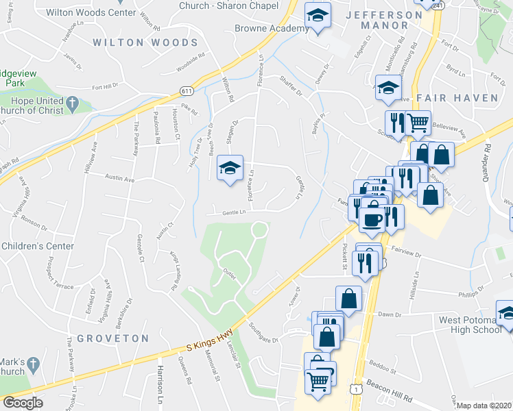 map of restaurants, bars, coffee shops, grocery stores, and more near 6260 Gentle Lane in Alexandria