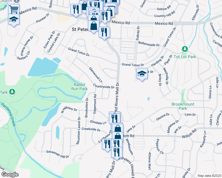 map of restaurants, bars, coffee shops, grocery stores, and more near 26 Fernwood Drive in St. Peters