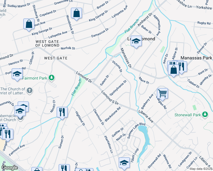 map of restaurants, bars, coffee shops, grocery stores, and more near 9420 Westmoreland Avenue in Manassas