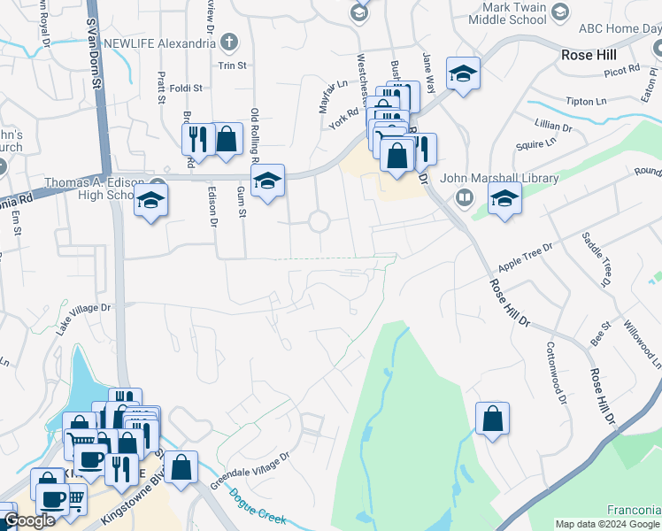 map of restaurants, bars, coffee shops, grocery stores, and more near 5257 Ballycastle Circle in Alexandria