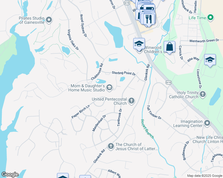 map of restaurants, bars, coffee shops, grocery stores, and more near 8158 Landfall Court in Gainesville