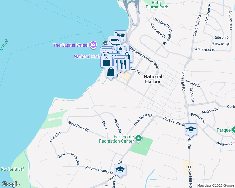 map of restaurants, bars, coffee shops, grocery stores, and more near 201 Waterfront Street in Oxon Hill