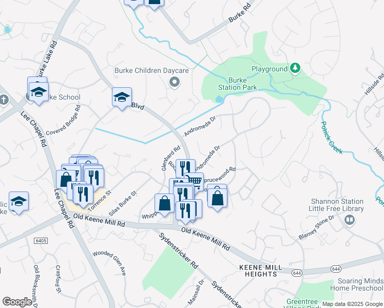 map of restaurants, bars, coffee shops, grocery stores, and more near 6303 Shiplett Boulevard in Burke