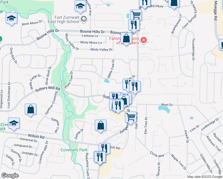 map of restaurants, bars, coffee shops, grocery stores, and more near 12 Coach Court in St. Peters