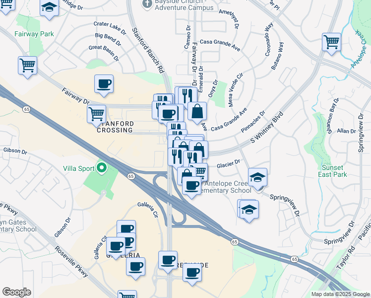 map of restaurants, bars, coffee shops, grocery stores, and more near 6710 Five Star Boulevard in Rocklin
