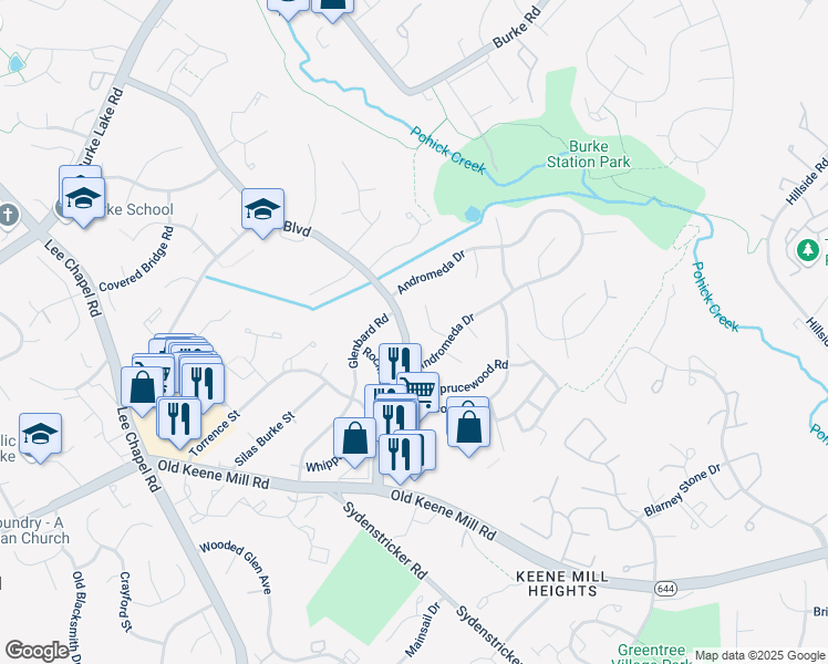 map of restaurants, bars, coffee shops, grocery stores, and more near 6303 Shiplett Boulevard in Burke