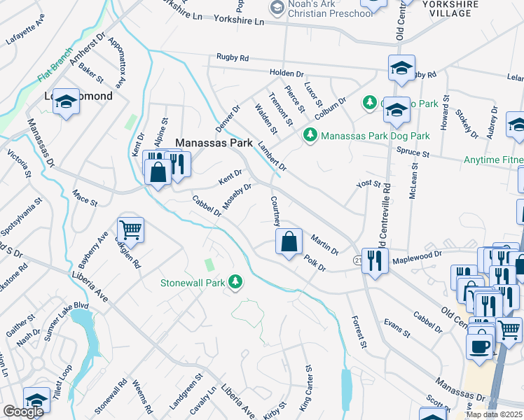 map of restaurants, bars, coffee shops, grocery stores, and more near 103 Morton Court in Manassas Park