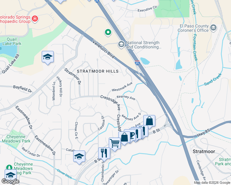map of restaurants, bars, coffee shops, grocery stores, and more near 417 Westmark Avenue in Colorado Springs
