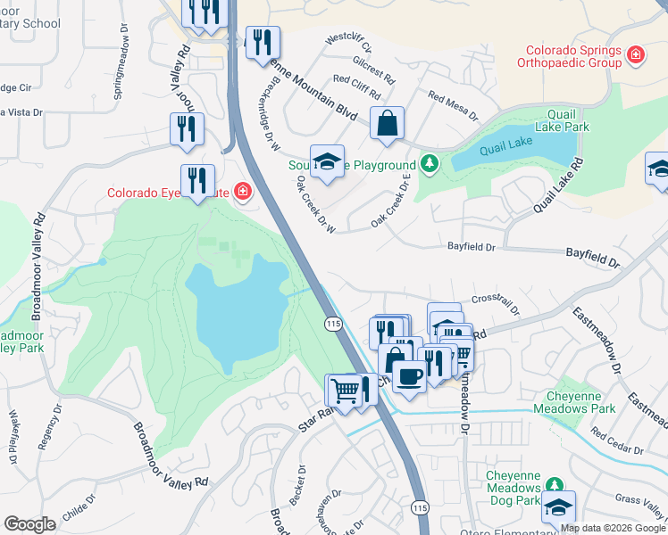 map of restaurants, bars, coffee shops, grocery stores, and more near 580 Crosstrail Drive in Colorado Springs