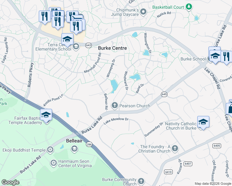 map of restaurants, bars, coffee shops, grocery stores, and more near 6232 Wilmette Drive in Burke