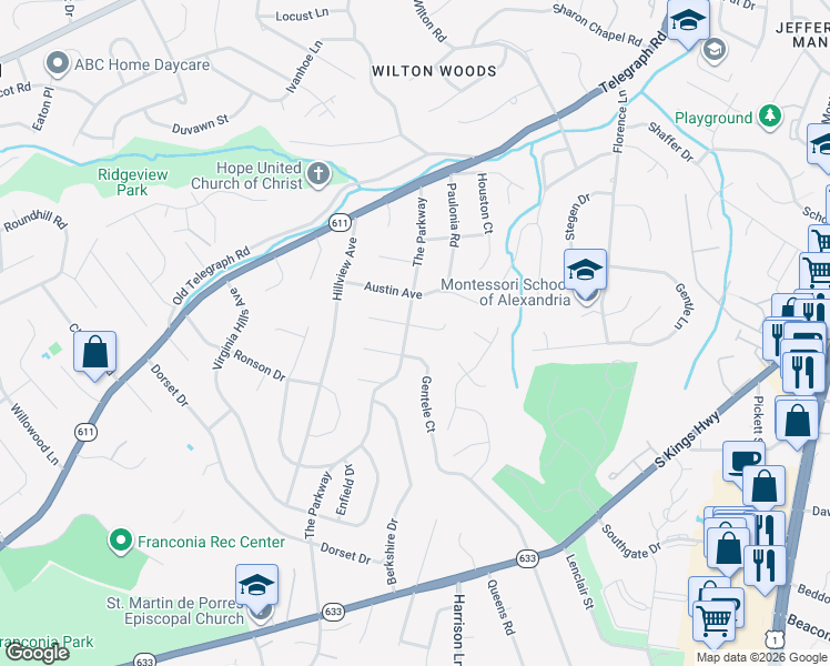 map of restaurants, bars, coffee shops, grocery stores, and more near 6301 The Parkway in Alexandria