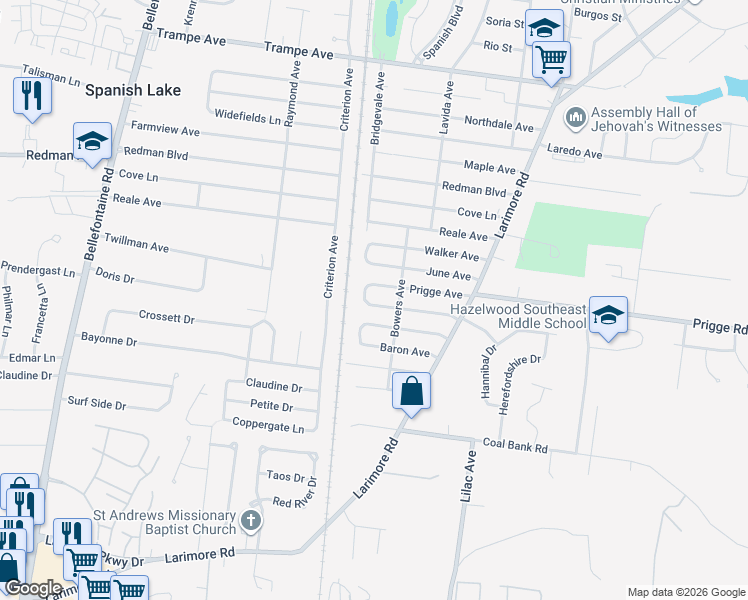 map of restaurants, bars, coffee shops, grocery stores, and more near 1220 Prigge Avenue in St. Louis