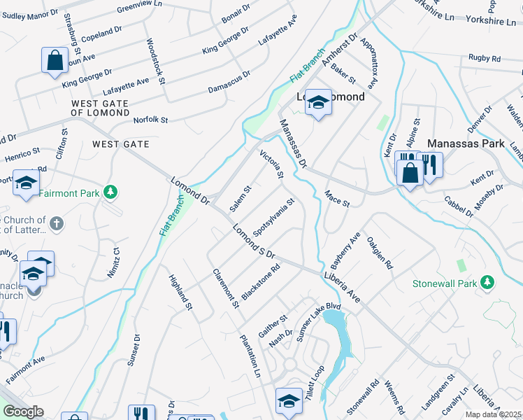 map of restaurants, bars, coffee shops, grocery stores, and more near 9413 Westmoreland Avenue in Manassas