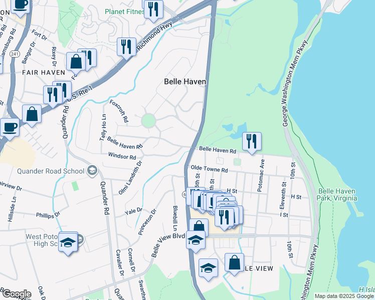 map of restaurants, bars, coffee shops, grocery stores, and more near 1901 Belle Haven Road in Alexandria