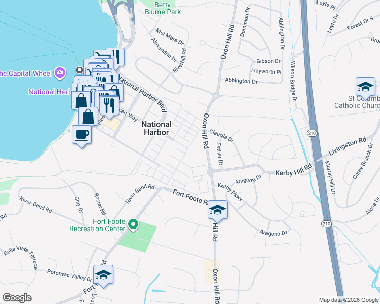 map of restaurants, bars, coffee shops, grocery stores, and more near 600 American Way in Oxon Hill