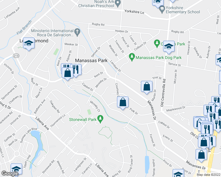 map of restaurants, bars, coffee shops, grocery stores, and more near 103 Morton Court in Manassas Park