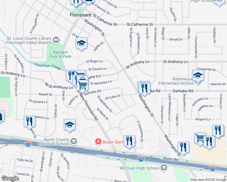map of restaurants, bars, coffee shops, grocery stores, and more near 210 Derhake Road in Florissant