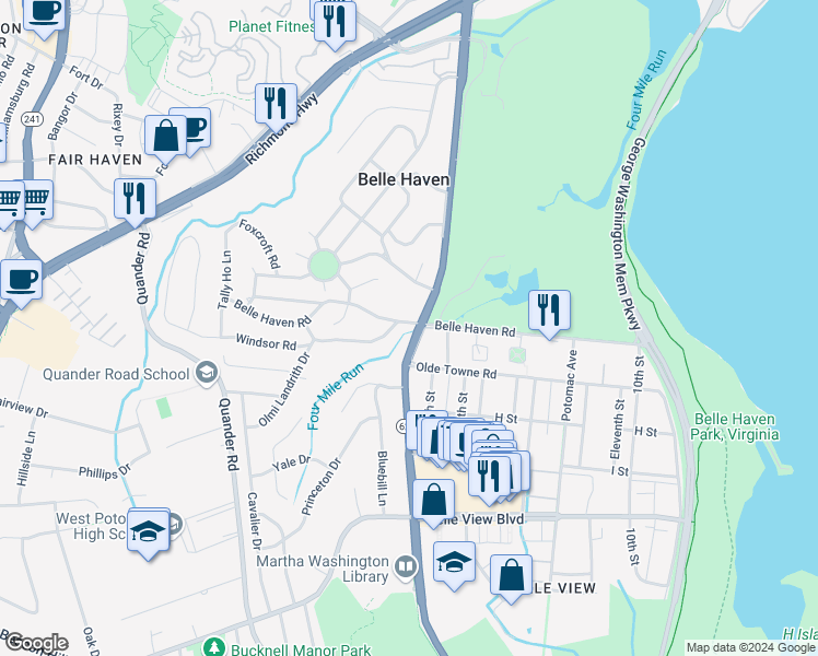 map of restaurants, bars, coffee shops, grocery stores, and more near 1901 Belle Haven Road in Alexandria