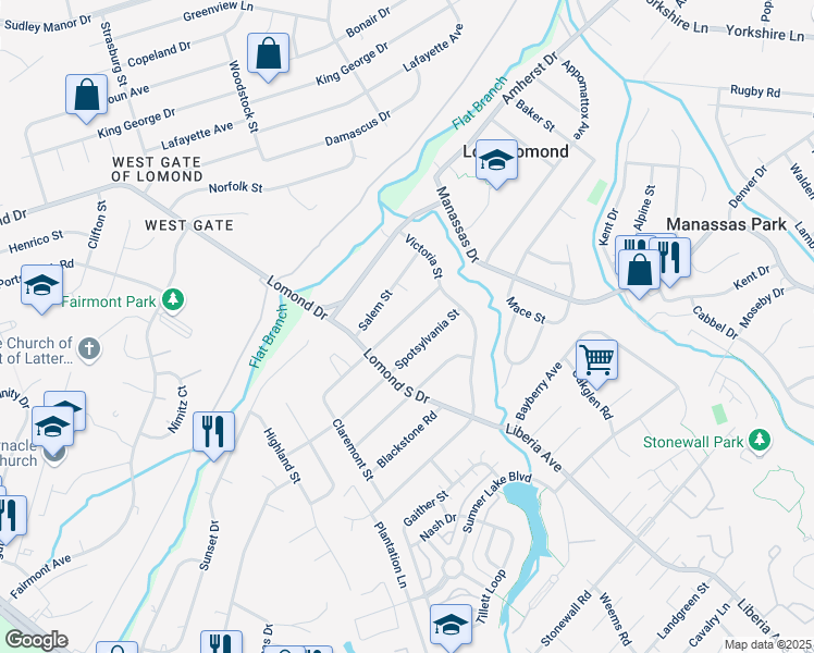 map of restaurants, bars, coffee shops, grocery stores, and more near 9413 Westmoreland Avenue in Manassas