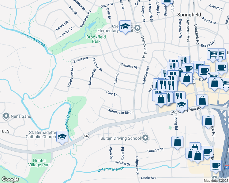 map of restaurants, bars, coffee shops, grocery stores, and more near 6303 Julian Street in Springfield