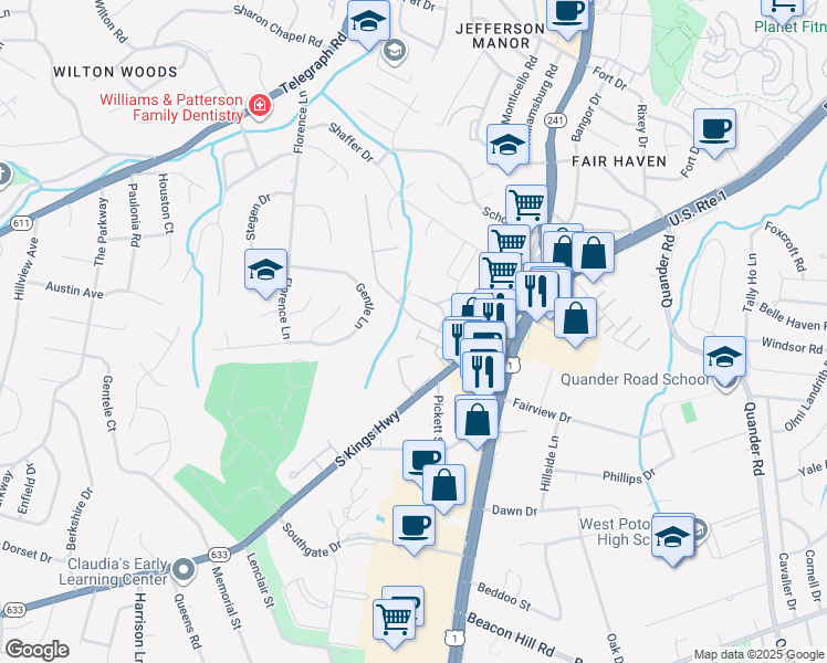 map of restaurants, bars, coffee shops, grocery stores, and more near 2961 Huntington Grove Square in Alexandria