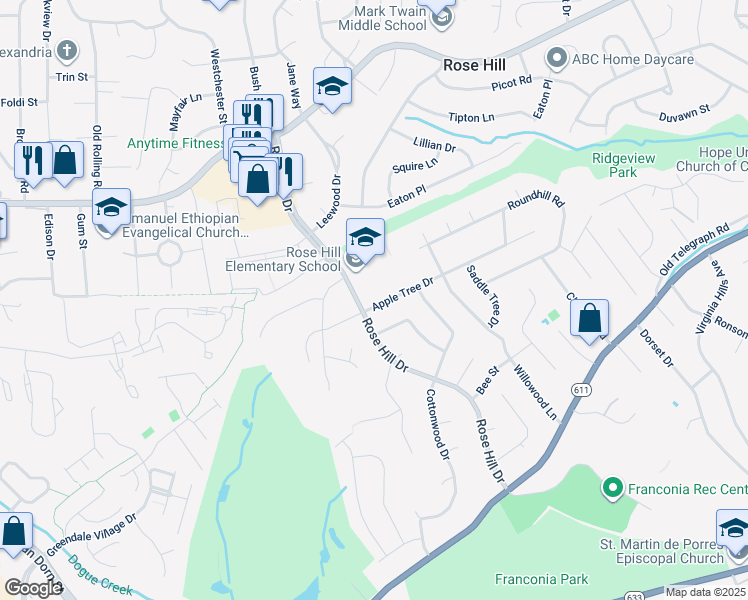 map of restaurants, bars, coffee shops, grocery stores, and more near 4806 Apple Tree Drive in Alexandria