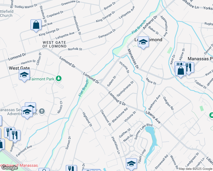 map of restaurants, bars, coffee shops, grocery stores, and more near 9556 Salem Street in Manassas