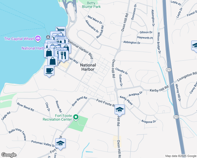 map of restaurants, bars, coffee shops, grocery stores, and more near 607 Skiff Way in Oxon Hill