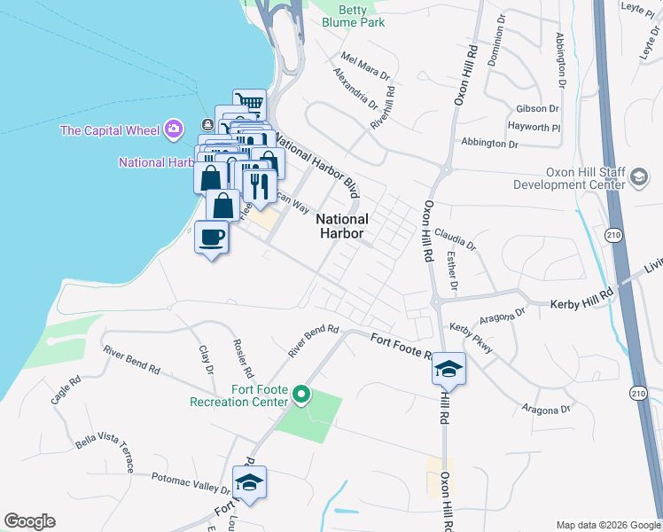 map of restaurants, bars, coffee shops, grocery stores, and more near 501 Halliard Lane in Oxon Hill