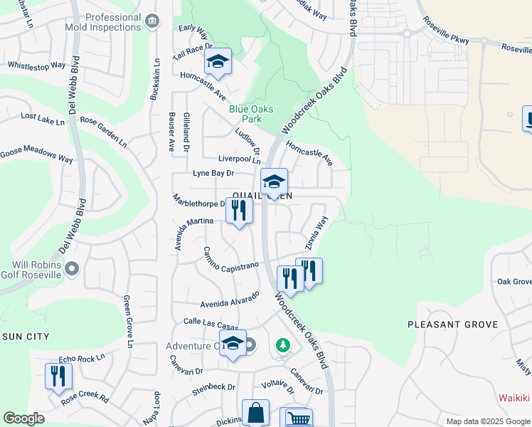 map of restaurants, bars, coffee shops, grocery stores, and more near Woodcreek Oaks Boulevard in Roseville