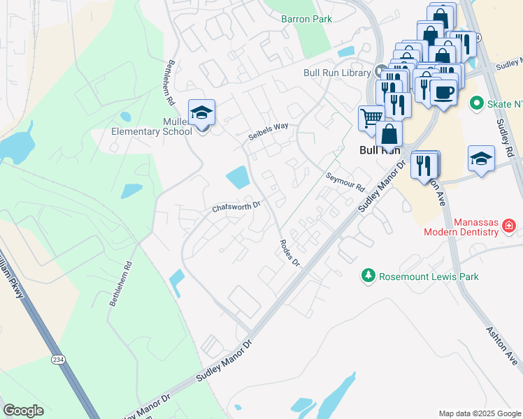 map of restaurants, bars, coffee shops, grocery stores, and more near 8169 Bayonet Way in Manassas