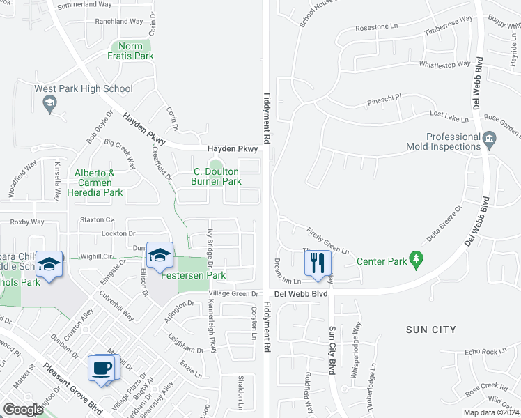 map of restaurants, bars, coffee shops, grocery stores, and more near 2448 Foxcroft Circle in Roseville