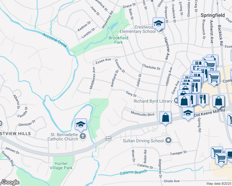 map of restaurants, bars, coffee shops, grocery stores, and more near 7418 Gary Street in Springfield