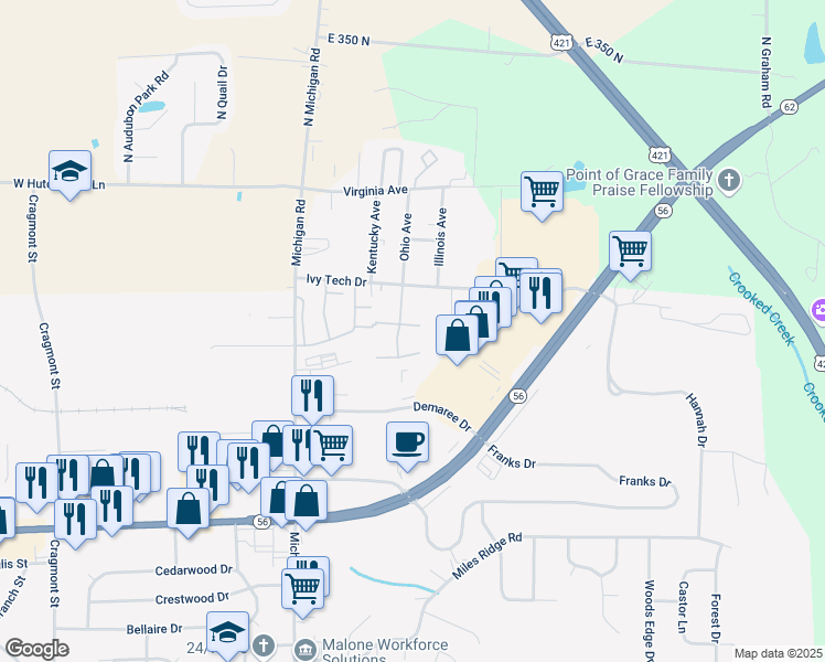 map of restaurants, bars, coffee shops, grocery stores, and more near 2862 Windridge Drive in Madison