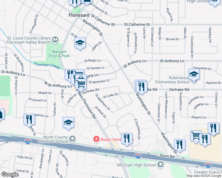 map of restaurants, bars, coffee shops, grocery stores, and more near 210 Derhake Road in Florissant