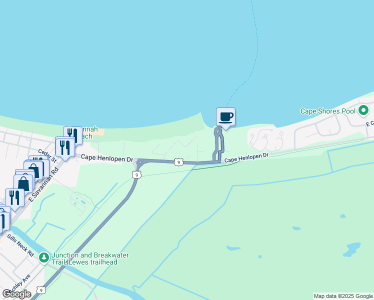 map of restaurants, bars, coffee shops, grocery stores, and more near 60 Pilot Point in Lewes