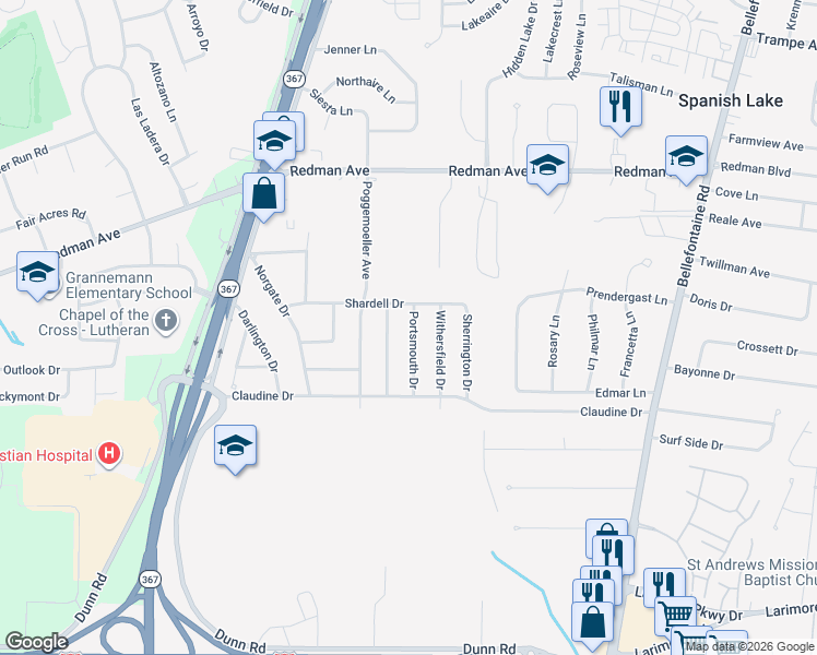 map of restaurants, bars, coffee shops, grocery stores, and more near 11558 Portsmouth Drive in St. Louis