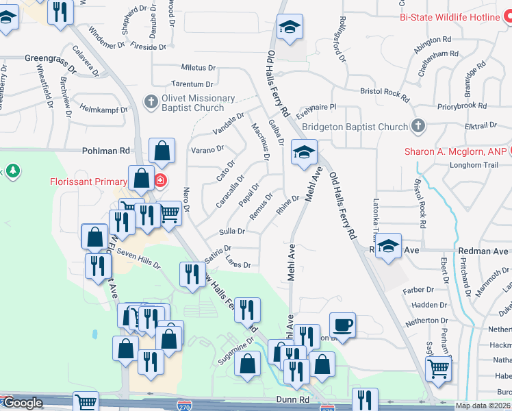 map of restaurants, bars, coffee shops, grocery stores, and more near 4433 Remus Drive in Florissant