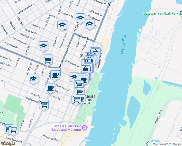 map of restaurants, bars, coffee shops, grocery stores, and more near 117 South Main Street in Saint Charles