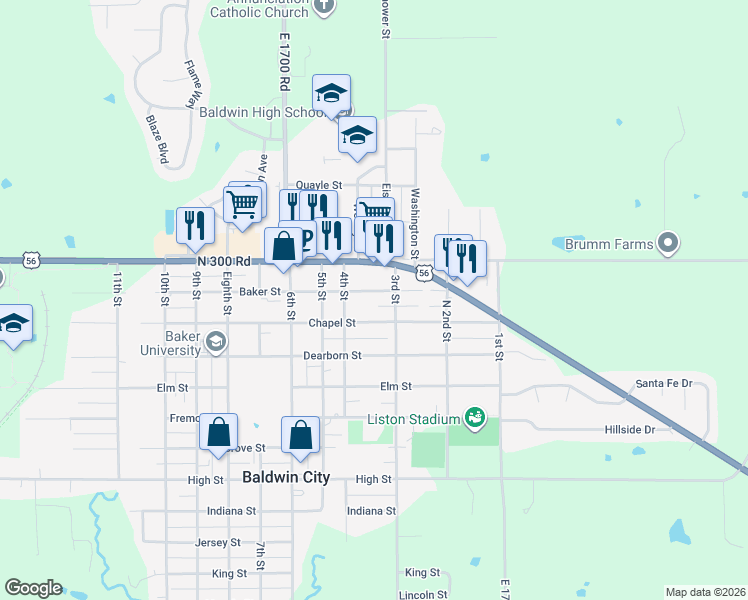 map of restaurants, bars, coffee shops, grocery stores, and more near 317 Baker Street in Baldwin City