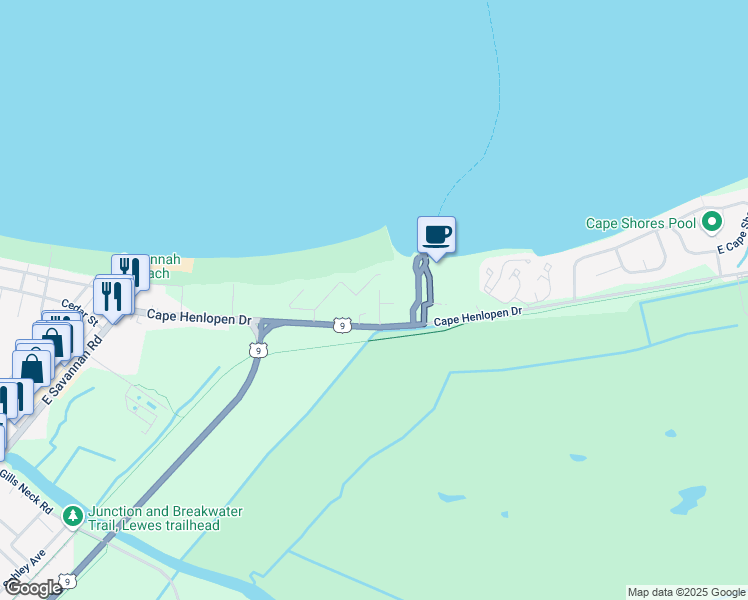 map of restaurants, bars, coffee shops, grocery stores, and more near 6 Texas Avenue in Lewes