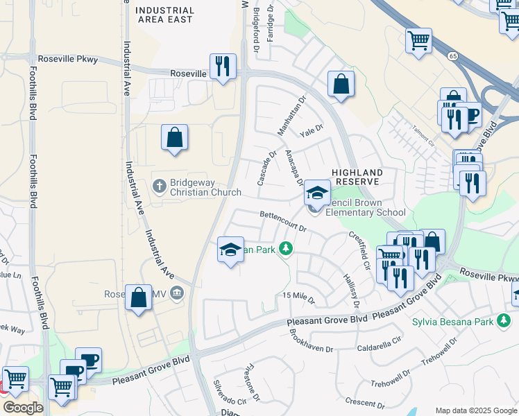 map of restaurants, bars, coffee shops, grocery stores, and more near 296 Bettencourt Drive in Roseville
