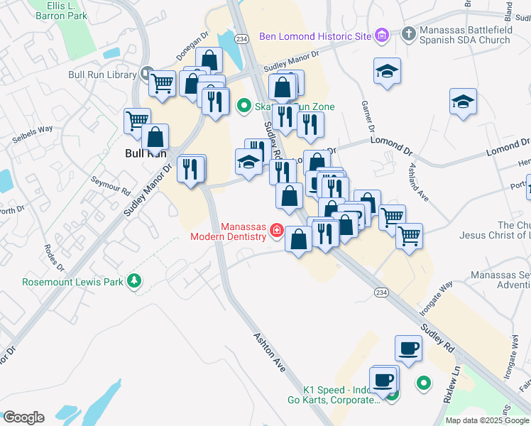 map of restaurants, bars, coffee shops, grocery stores, and more near 10600 Blendia Lane in Manassas