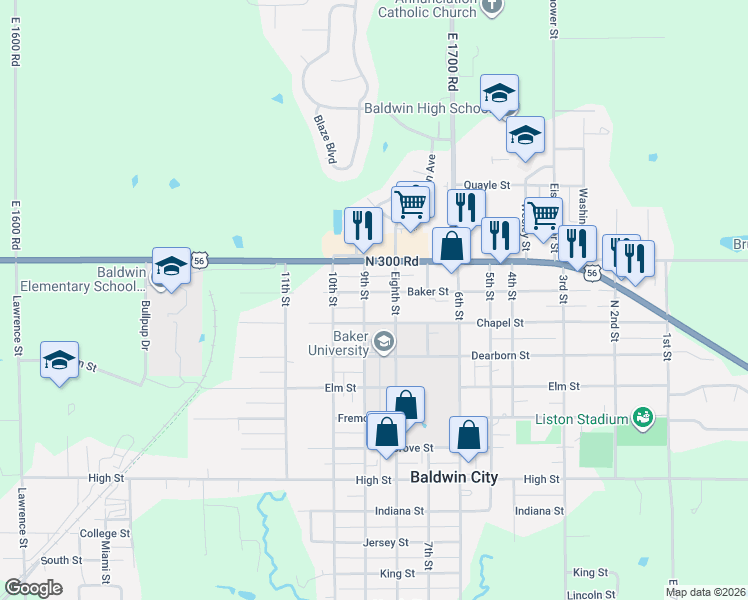 map of restaurants, bars, coffee shops, grocery stores, and more near 800 Baker Street in Baldwin City
